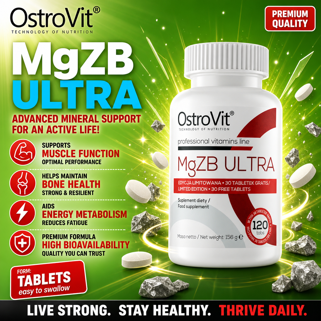 OstroVit MgZB Ultra 120 tabs mineral supplement for muscle function, bone health, and energy metabolism, in tablet form with high bioavailability, white bottle with red and green design.