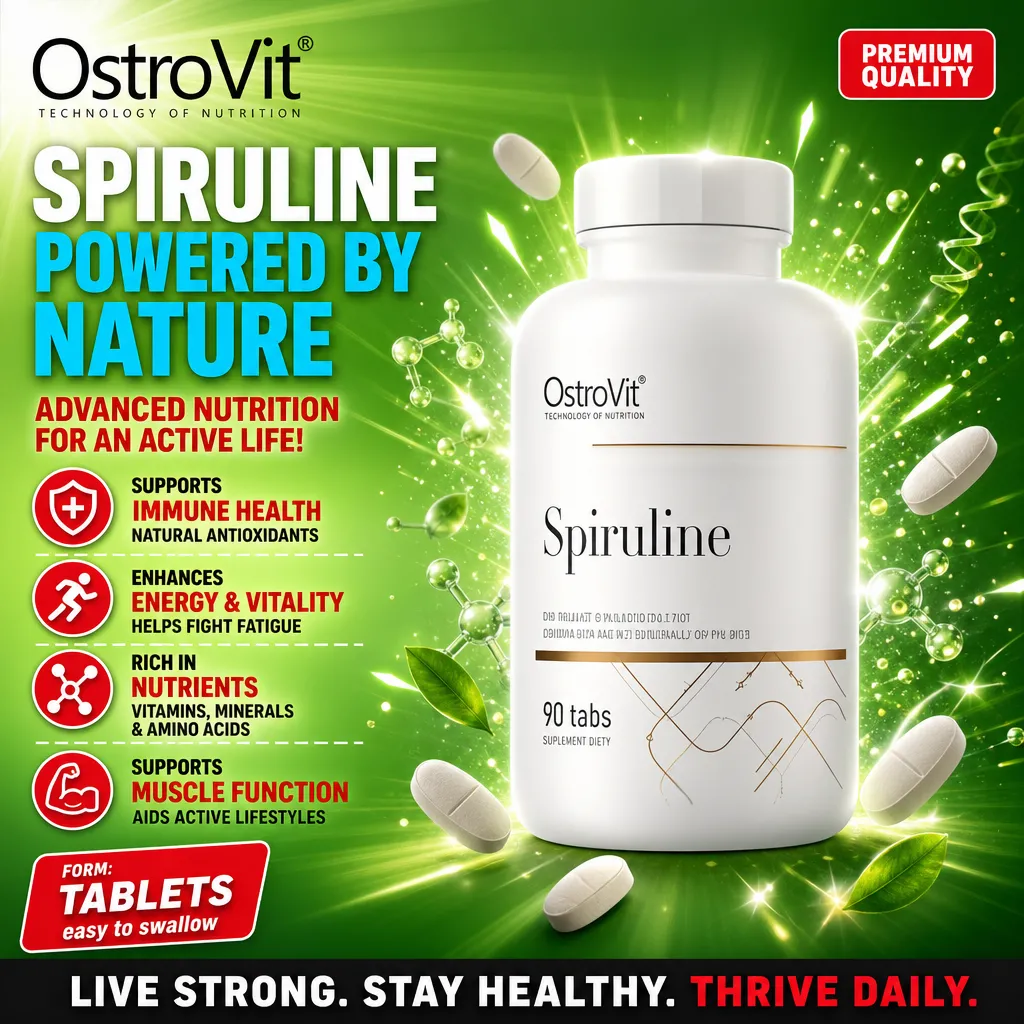 OstroVit Spiruline 90 tabs dietary supplement, tablet form, supports immune health, energy, vitality, and muscle function, in a white bottle with green-themed background.