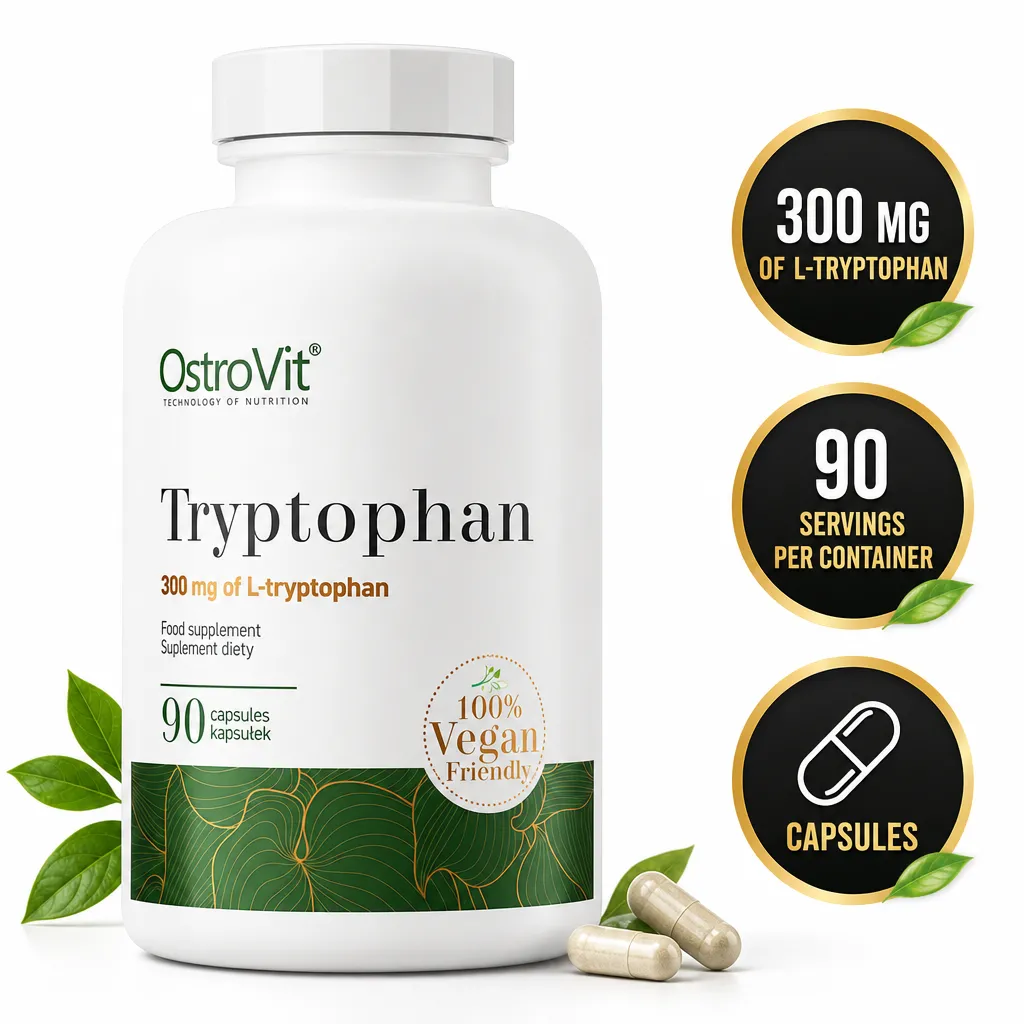OstroVit Tryptophan dietary supplement with 300 mg L-tryptophan per capsule, 90 vegan capsules in a white bottle