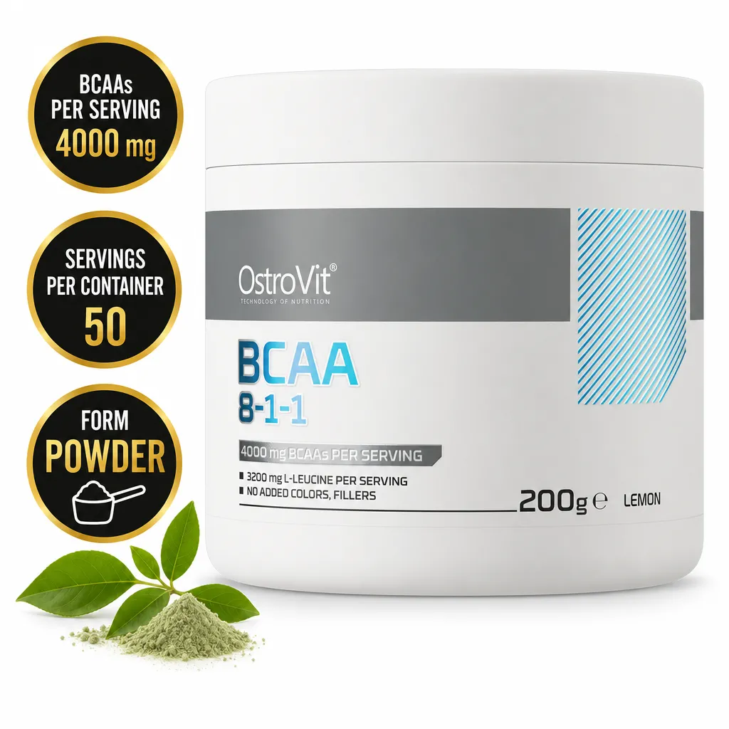 OstroVit BCAA 8-1-1 200g lemon-flavoured amino acid powder supplement in a white tub