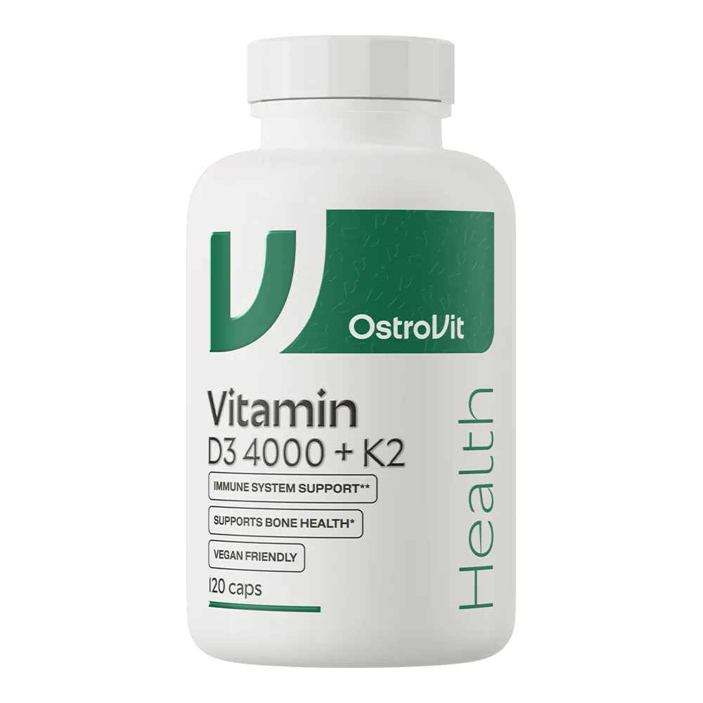 OstroVit Vitamin D3 4000 + K2 120 Caps vegan dietary supplement, high-potency vitamin D3 and K2 for bone and immune support in a white bottle.