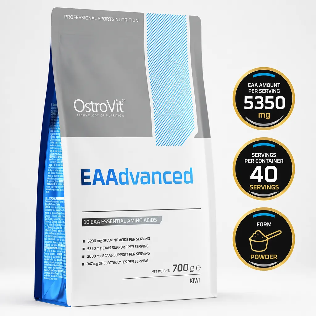 OstroVit EAAdvanced 700g Kiwi is an essential amino acid supplement powder in a white and blue pouch