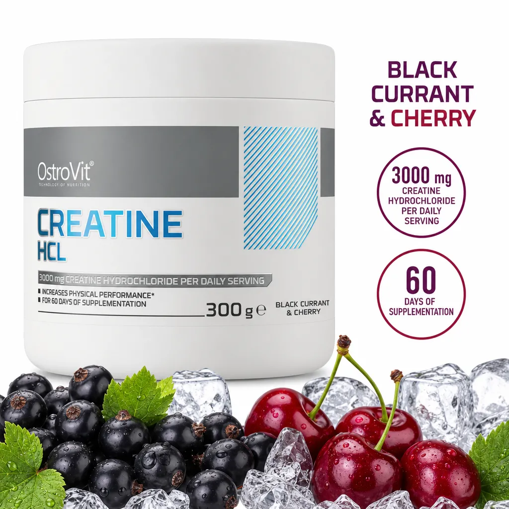 OstroVit Creatine HCL 300g dietary supplement in black currant and cherry flavour, white tub with 3000 mg creatine hydrochloride per serving.