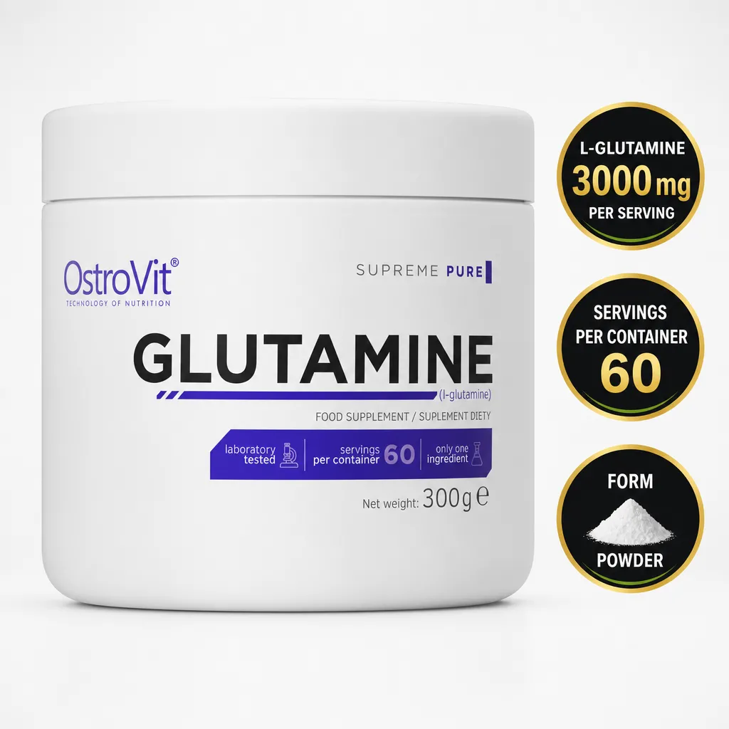 OstroVit Glutamine 300g Unflavoured is an L-glutamine powder supplement in a white tub, showing 3000mg per serving and 60 servings.