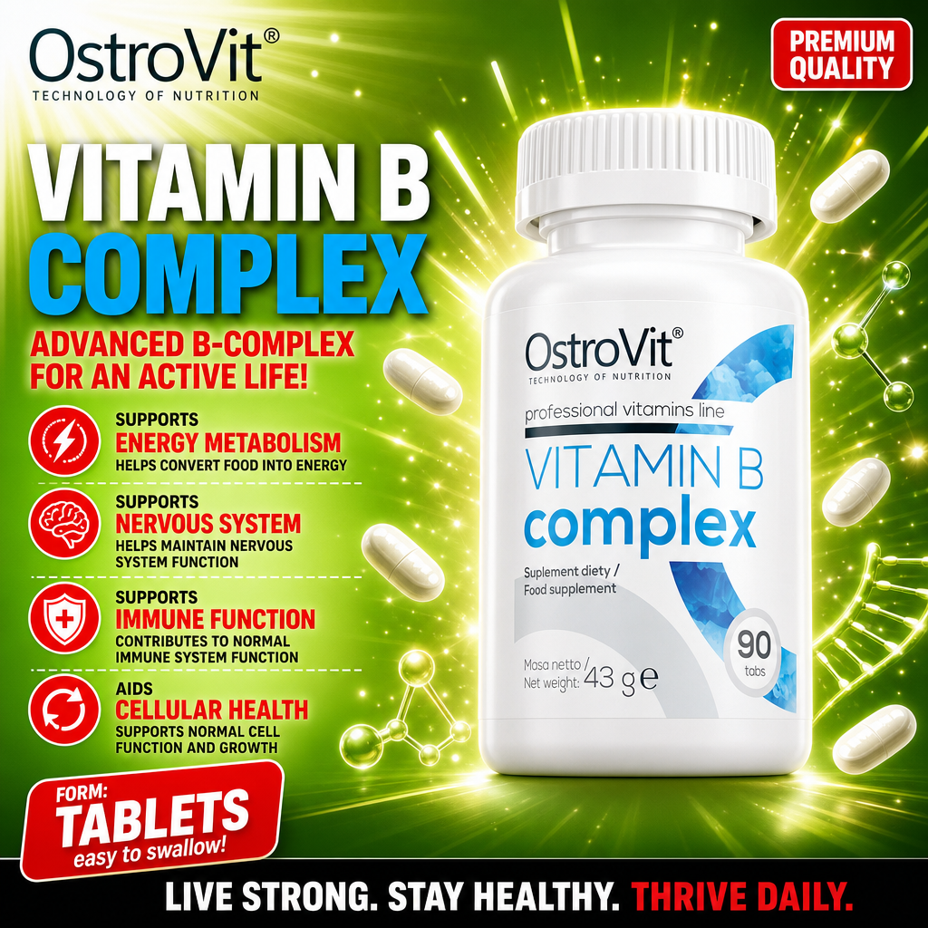 OstroVit Vitamin B Complex 90 tabs dietary supplement, professional vitamins line, in tablet form for energy metabolism, nervous system, immune function, and cellular health support. White bottle with blue accents.