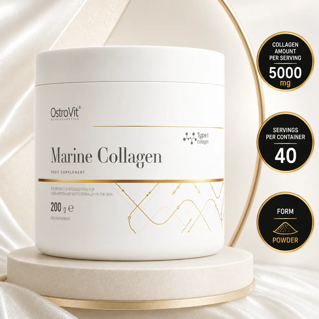 OstroVit Marine Collagen 200g hydrolysed marine collagen powder in a white tub, unflavoured formula for daily supplementation