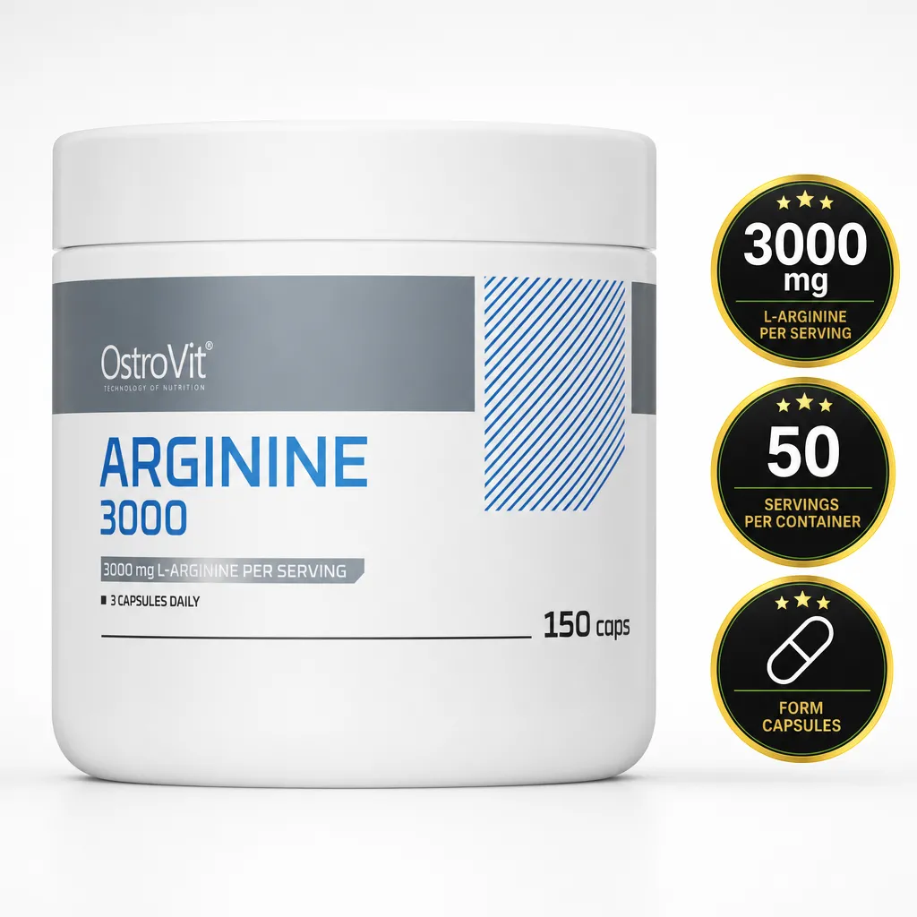 OstroVit Arginine 3000 supplement in capsule form, 150 capsules providing 3000 mg L-arginine per serving