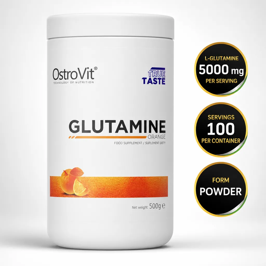 OstroVit Glutamine 500g orange-flavoured L-glutamine powder supplement in a white 500g tub
