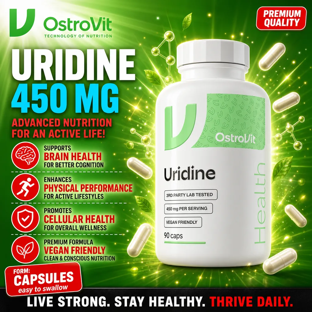 OstroVit Uridine 450mg 90 caps vegan-friendly dietary supplement for brain health, physical performance, and cellular health, in capsule form with a white and green bottle.