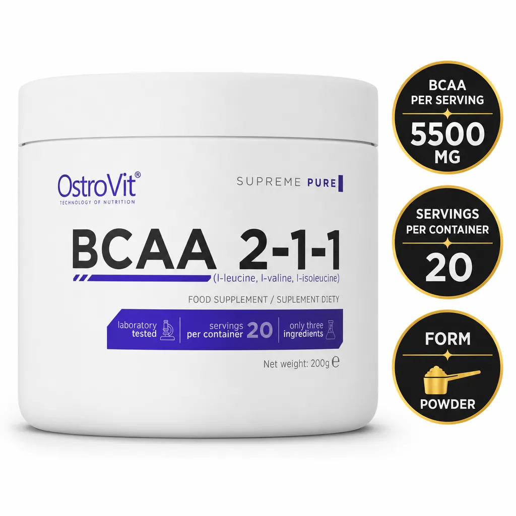 OstroVit BCAA 2:1:1 200g Unflavoured powder supplement in a white tub, featuring a pure three-amino-acid formula