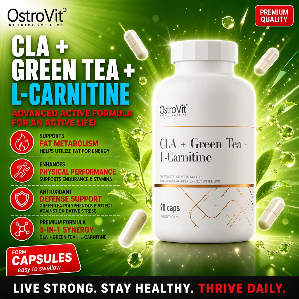 OstroVit CLA + Green Tea + L-Carnitine 90 caps dietary supplement, capsule form, supports fat metabolism, physical performance, and antioxidant defense, in a white bottle with green-themed background.