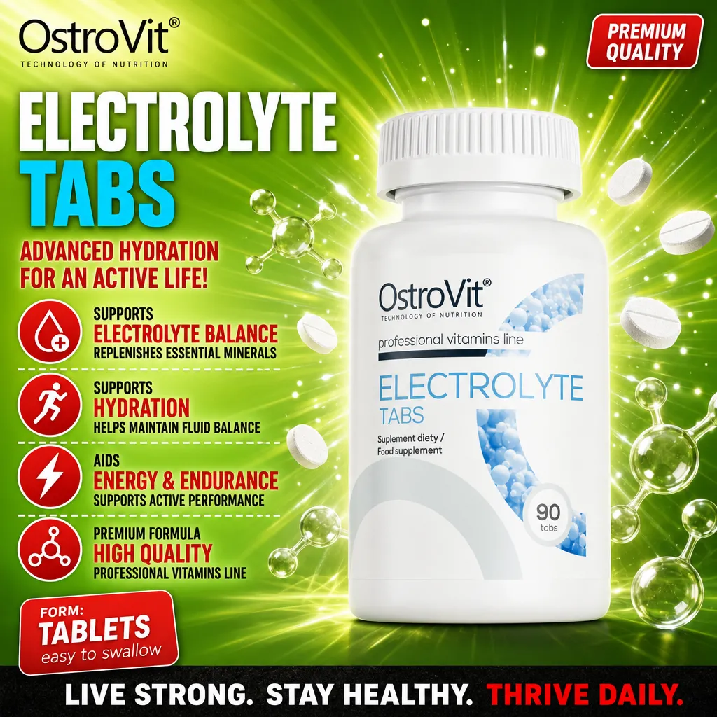 OstroVit Electrolyte Tabs 90 tabs dietary supplement for hydration and electrolyte balance, in a white bottle from the professional vitamins line.