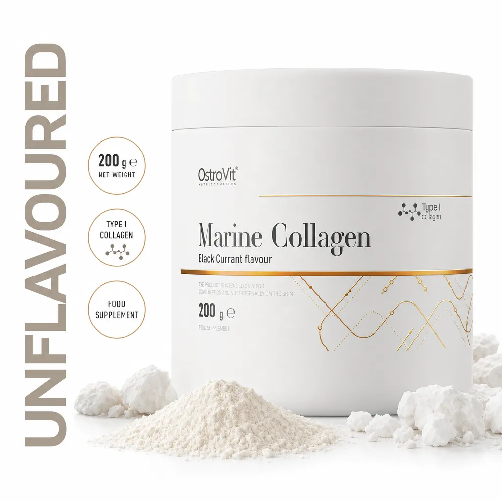 OstroVit Marine Collagen 200g powdered food supplement with Type I collagen and black currant flavour