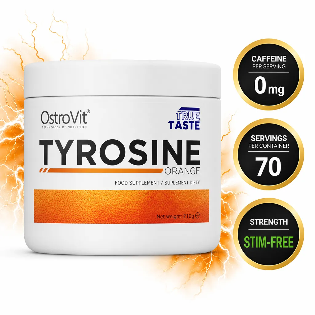 OstroVit Tyrosine 210g orange-flavoured amino acid supplement powder in a white tub