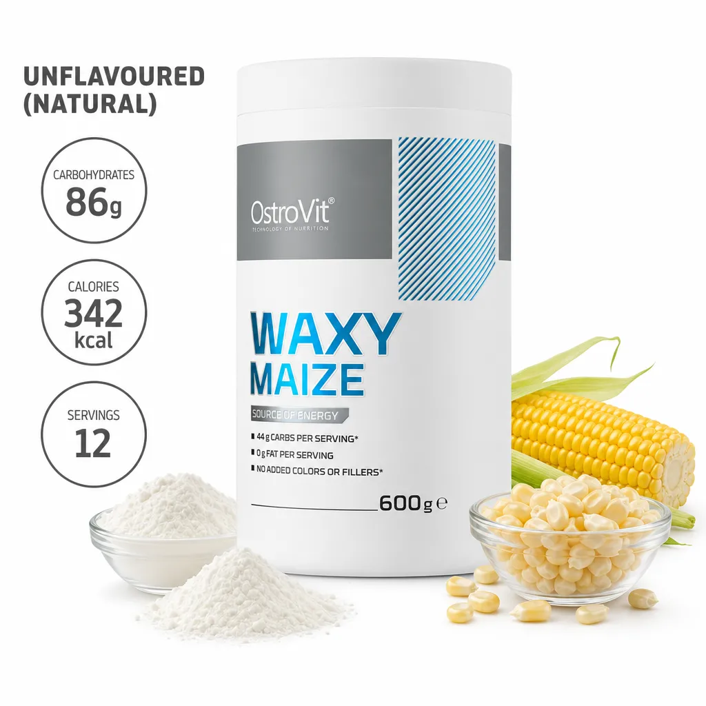 OstroVit Waxy Maize 600g carbohydrate supplement, unflavoured, featuring pure waxy corn starch powder for rapid energy and muscle recovery, vegan-friendly.