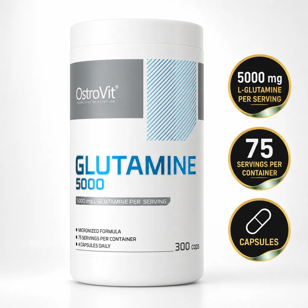 OstroVit Glutamine 5000 supplement in capsule form, 300 capsules with 5000 mg L-glutamine per serving