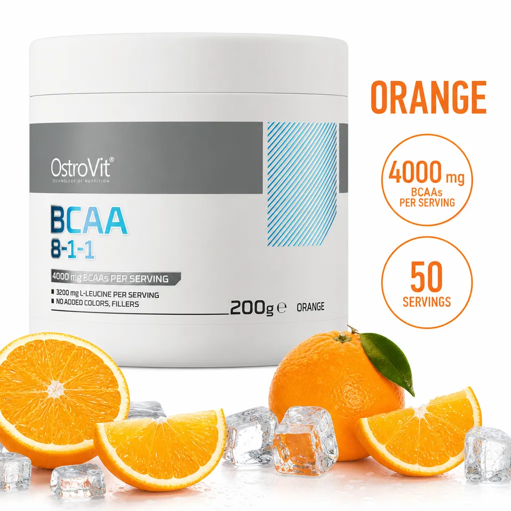OstroVit BCAA 8-1-1 200g orange-flavoured BCAA powder supplement in a white tub