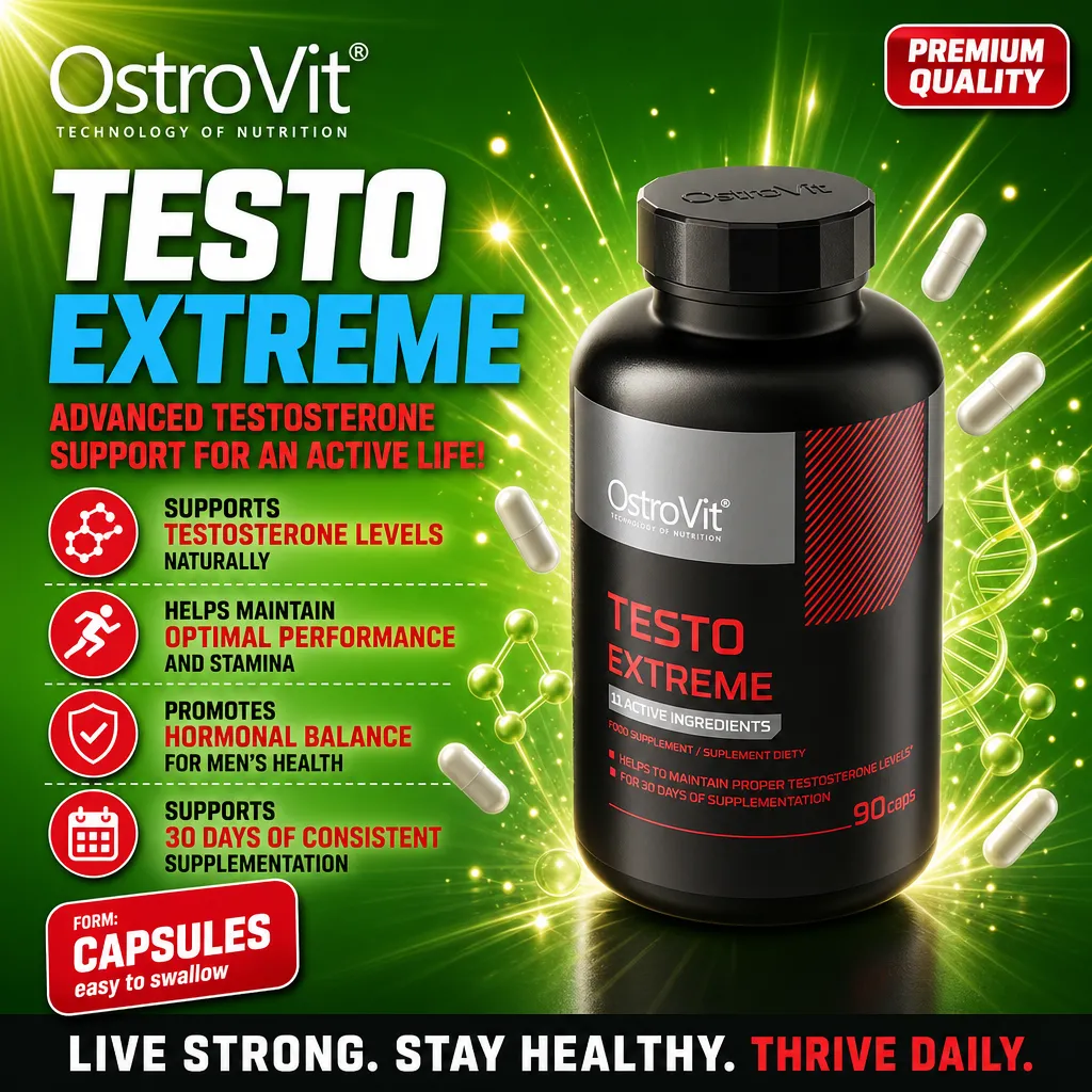 OstroVit Testo Extreme 90 Caps testosterone support supplement in capsule form, black bottle with red and silver label, designed for men's health and hormonal balance.