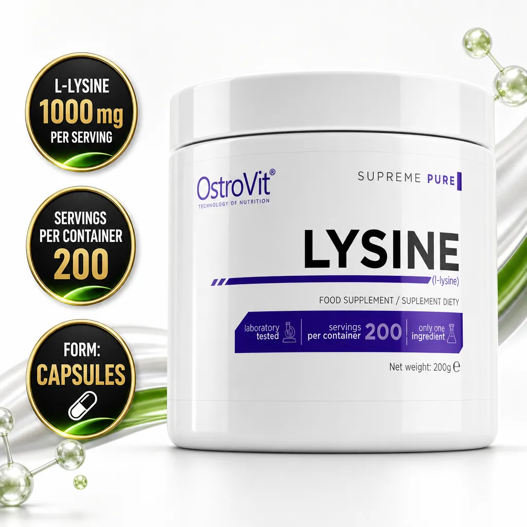 OstroVit Lysine 200g supplement container with L-lysine, 1000 mg per serving, 200 servings, and capsule form shown