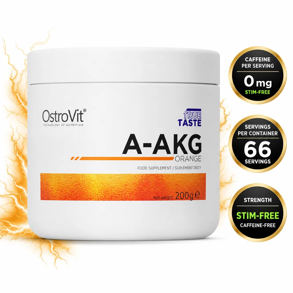 OstroVit AAKG Orange 200g powdered food supplement, a stim-free L-arginine alpha-ketoglutarate formula in an easy-mix form.