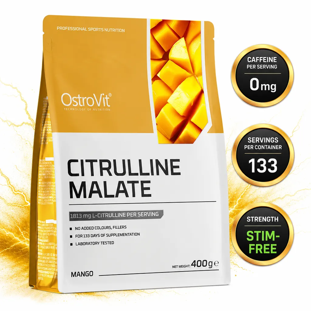 OstroVit Citrulline Malate 400g mango-flavoured powdered sports supplement in a gold and white pouch