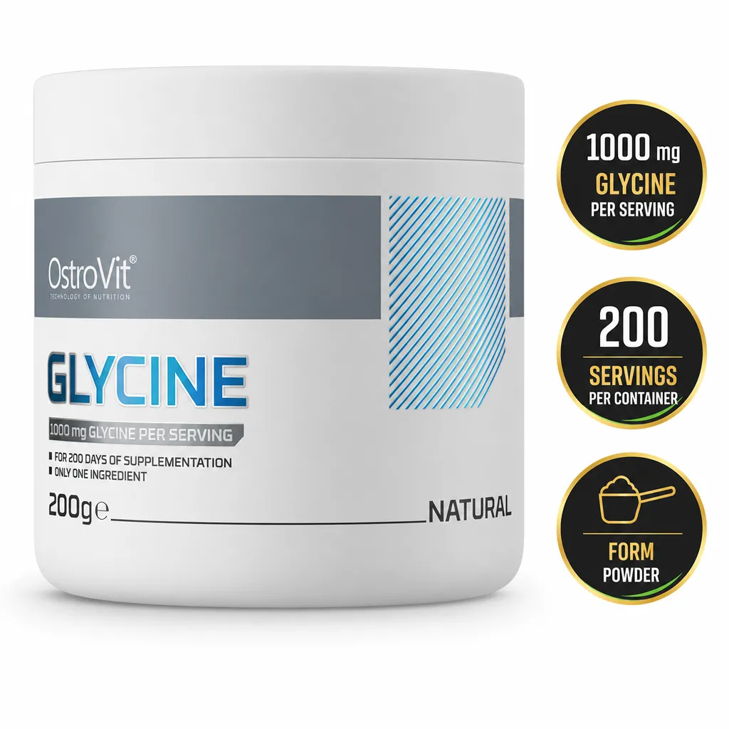 OstroVit Glycine 200g natural L-glycine supplement in powder form, with 1000 mg per serving and 200 servings