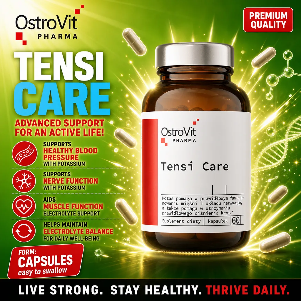 OstroVit Pharma Tensi Care 60 capsules, a dietary supplement supporting healthy blood pressure, nerve and muscle function, and electrolyte balance, in a brown glass bottle with a silver cap.