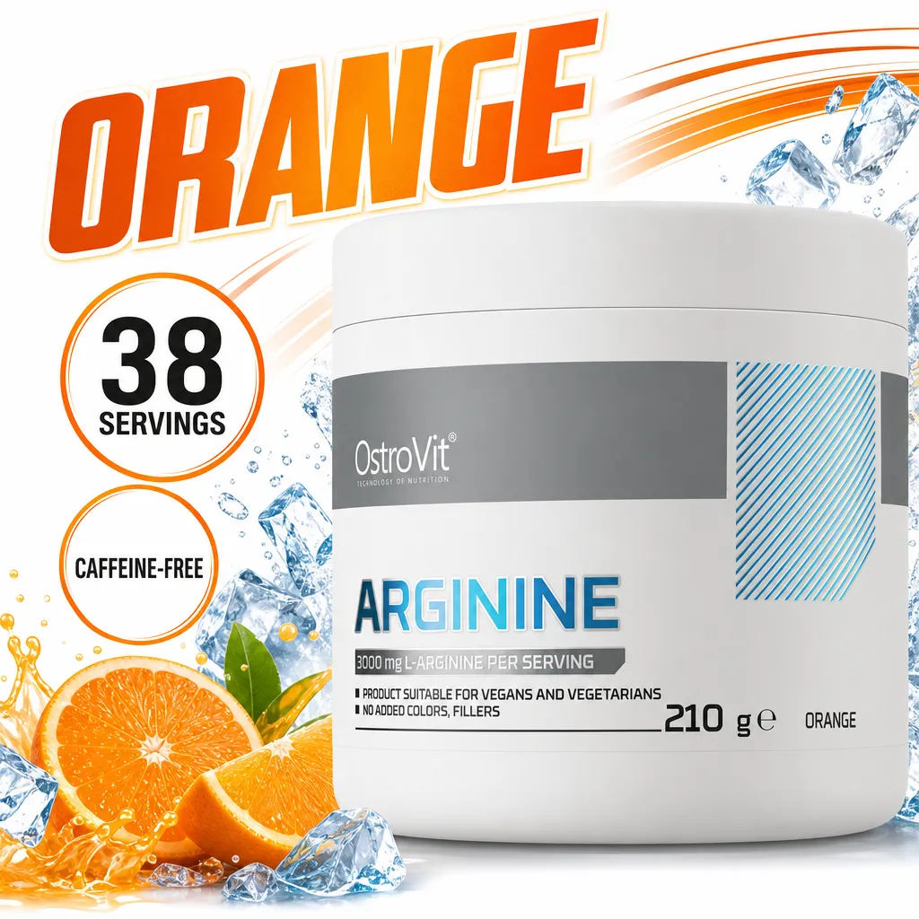OstroVit Arginine 210g orange-flavoured L-arginine powder supplement with 3000 mg per serving and 38 servings