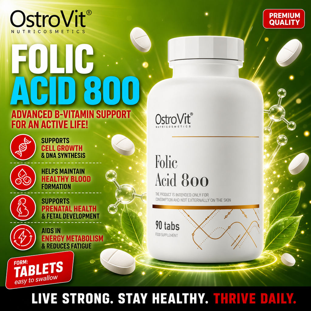 OstroVit Folic Acid 800 90 tabs, a B-vitamin food supplement in tablet form supporting cell growth, blood formation, prenatal health, and energy metabolism. White bottle on a green background.