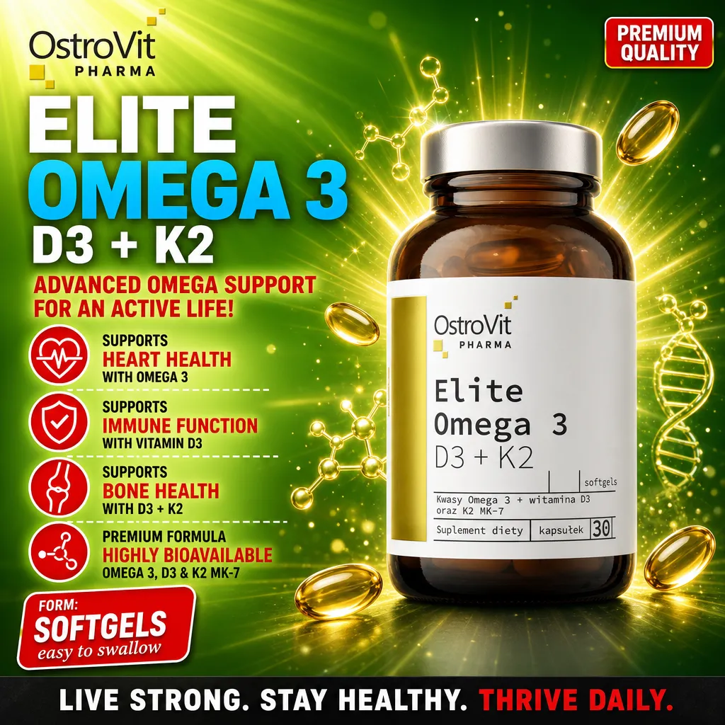 OstroVit Pharma Elite Omega 3 D3 + K2 30 softgels, a dietary supplement combining omega 3, vitamin D3, and vitamin K2 for heart, immune, and bone health support. Brown bottle with white and gold label.