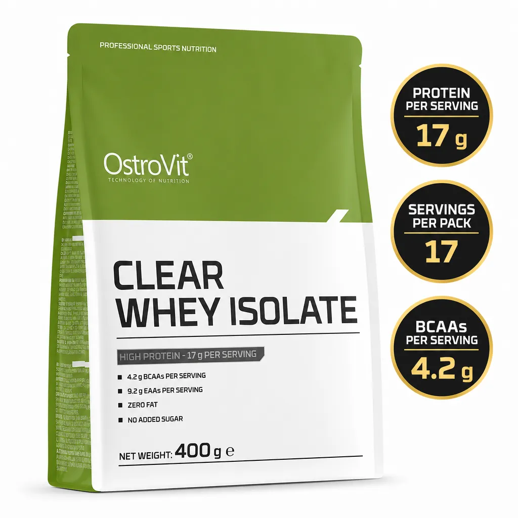 OstroVit Clear Whey Isolate 400g protein powder pouch with 17g protein per serving and zero fat