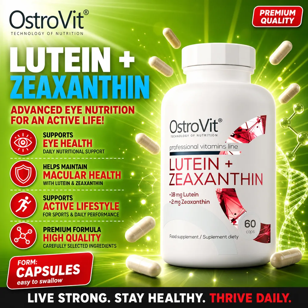 OstroVit Lutein + Zeaxanthin 60 caps eye health supplement with 18 mg lutein and 2 mg zeaxanthin per capsule, in a white bottle with green background and capsule visuals.