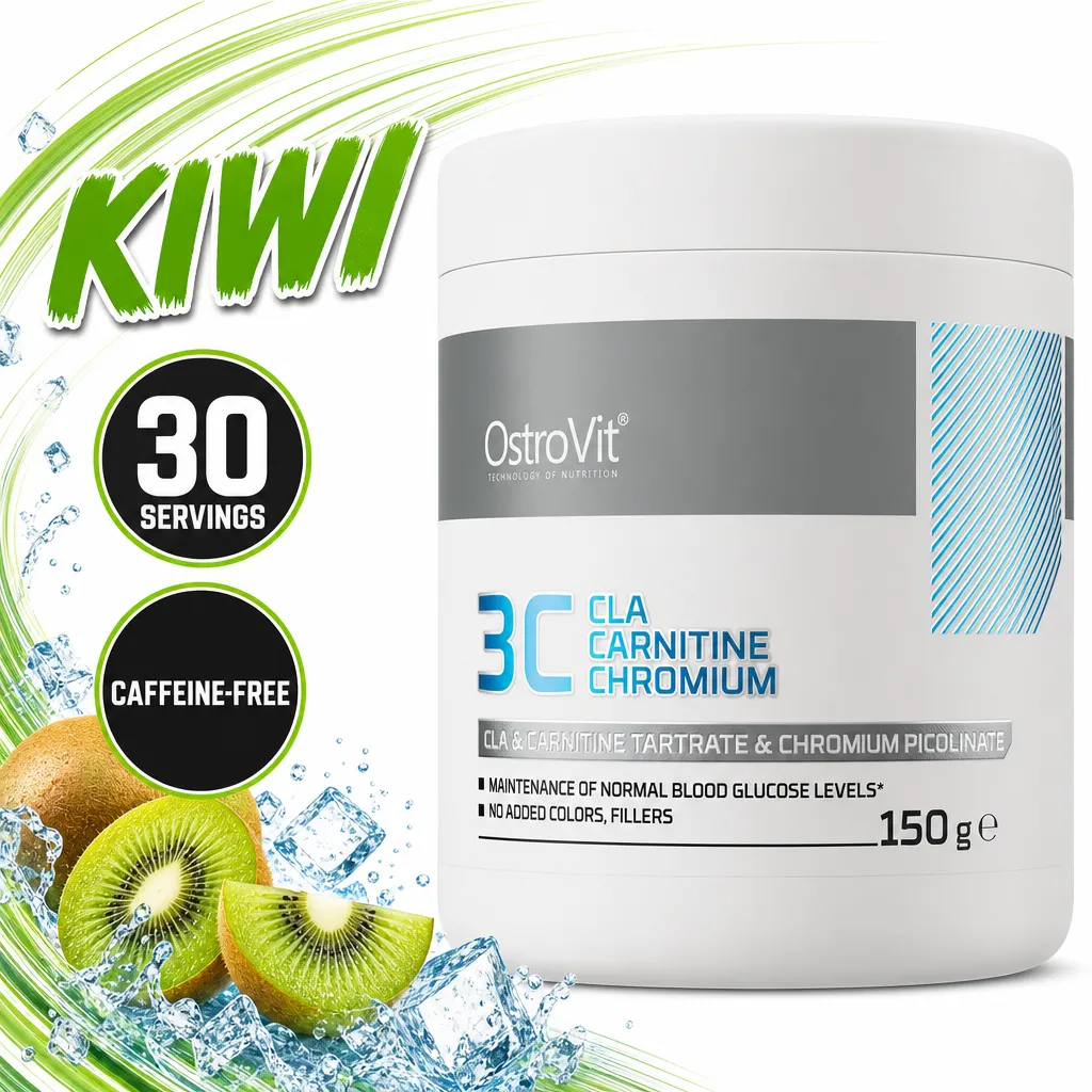 OstroVit 3C CLA Carnitine Chromium powder supplement, kiwi flavour, 150g tub with 30 servings and caffeine-free formula
