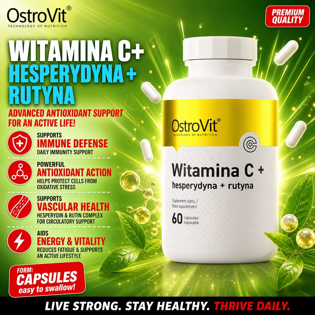 OstroVit Witamina C + Hesperydyna + Rutyna dietary supplement, 60 capsules, vitamin C with hesperidin and rutin for antioxidant and immune support, white and gold bottle on a green background.