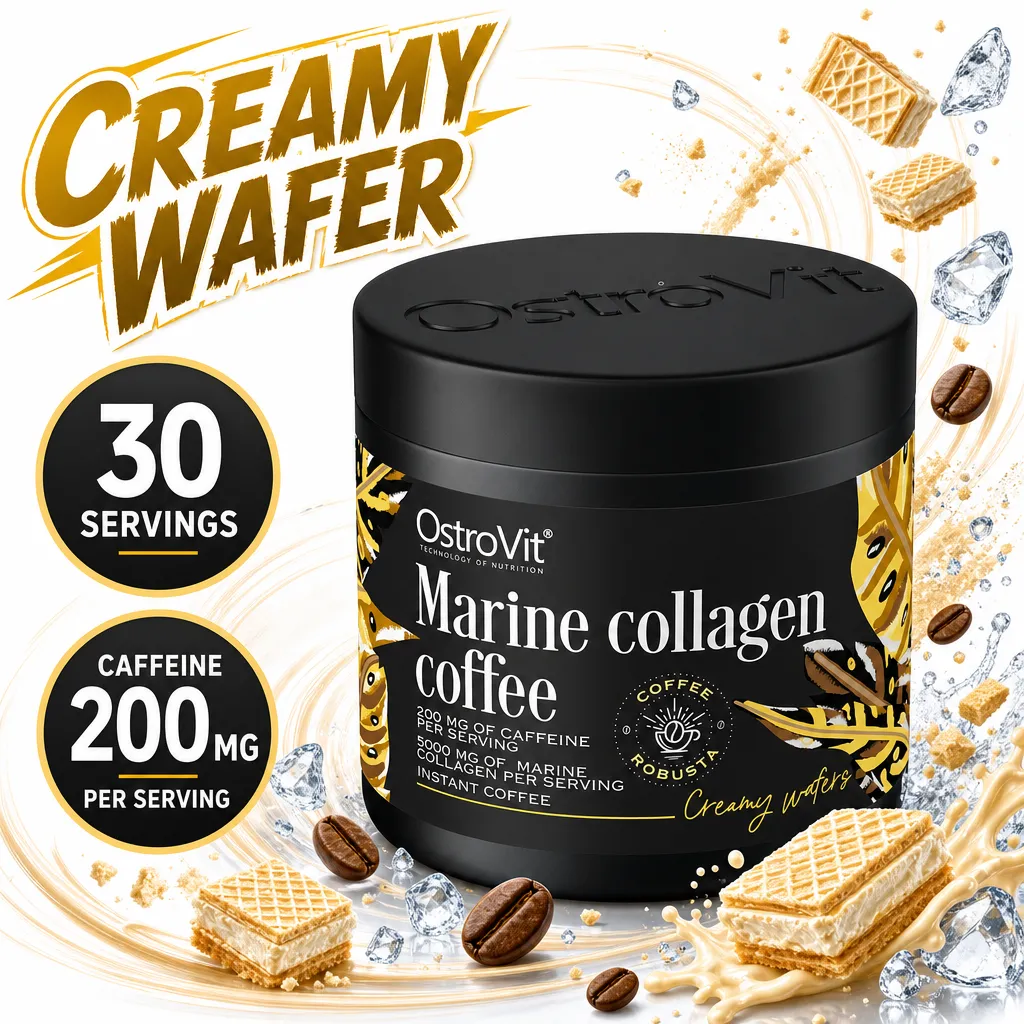 OstroVit Coffee With Marine Collagen 150g, creamy wafer-flavoured instant coffee with marine collagen and 200 mg caffeine per serving