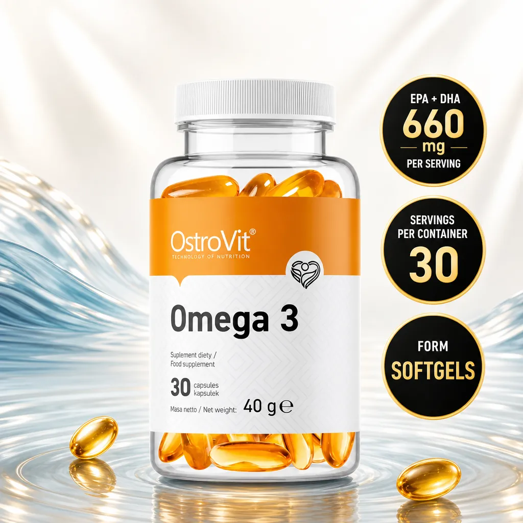 OstroVit Omega 3 30 Caps fish oil supplement with 30 orange softgel capsules and 660 mg EPA plus DHA per serving