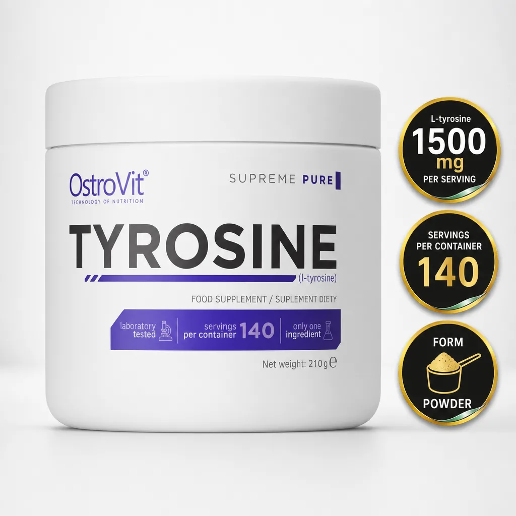 OstroVit Tyrosine 210g Unflavoured powder supplement in a white tub, featuring L-tyrosine and 140 servings