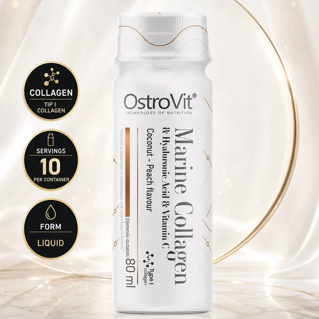 OstroVit Marine Collagen Shot liquid supplement, 80 ml bottle with type I marine collagen and coconut-peach flavour