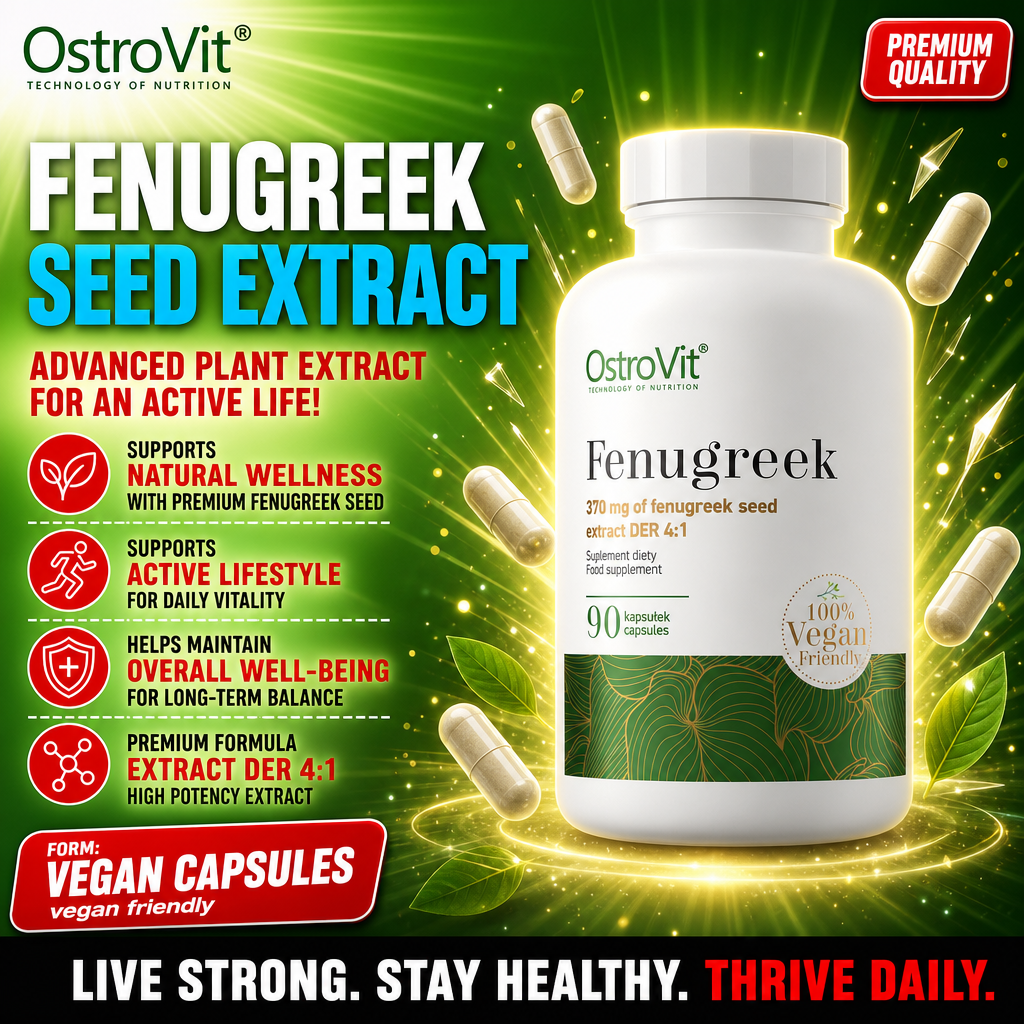 OstroVit Fenugreek 90 kapsułek vegan-friendly dietary supplement with 370 mg fenugreek seed extract DER 4:1, suitable for vegans, in a white and green bottle.