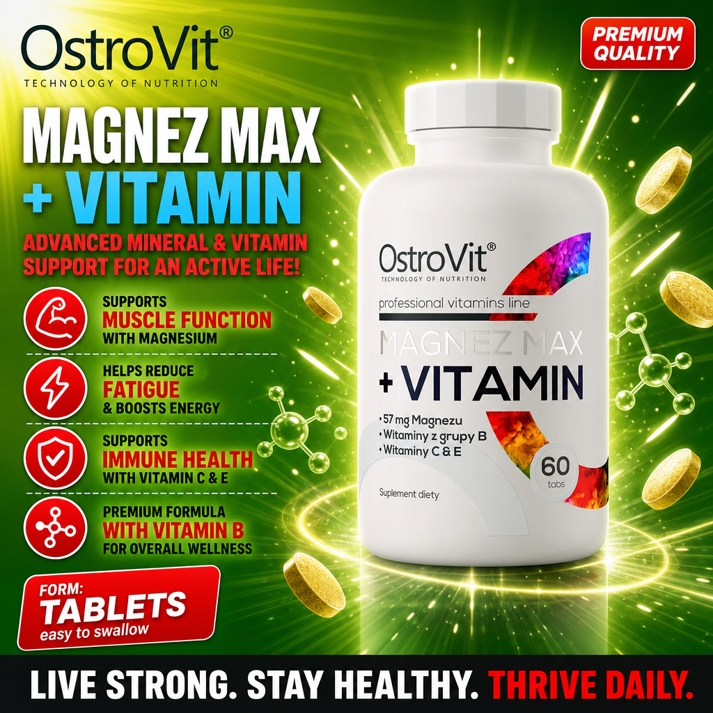 OstroVit Magnesium MAX + Vitamin 60 Tabs bottle, white plastic container with blue and yellow label, 60 tablets