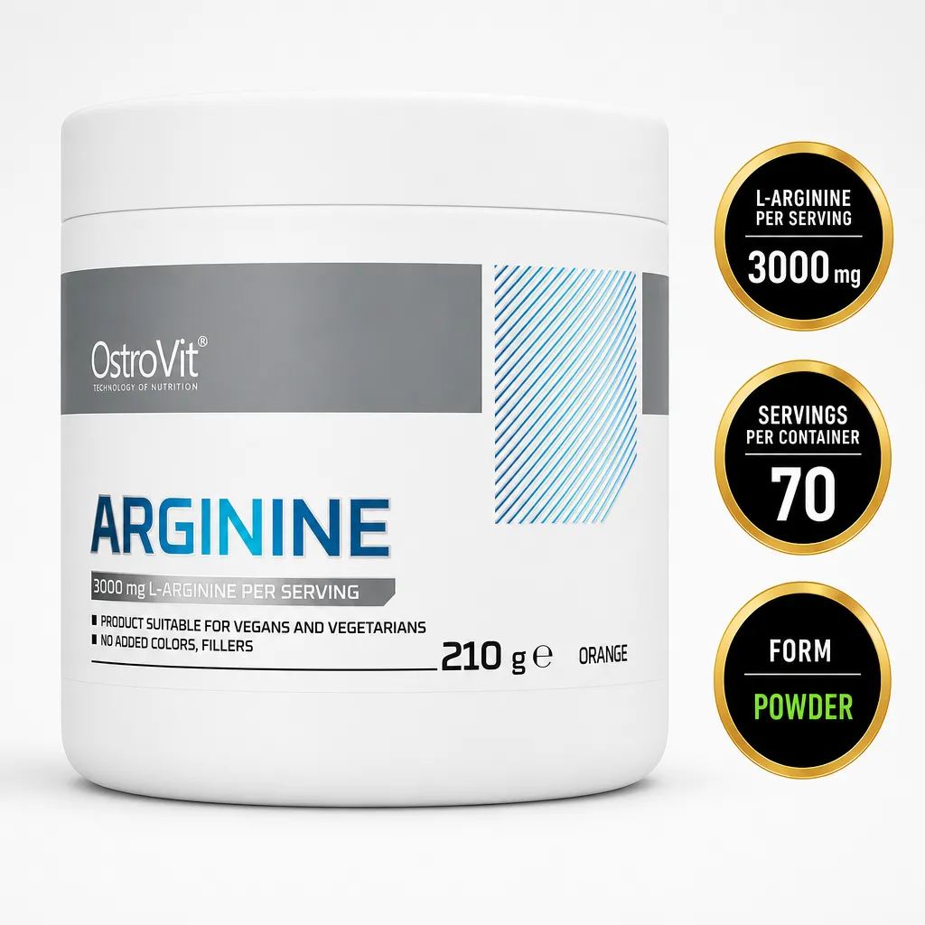 OstroVit Arginine 210g orange-flavoured L-arginine powder supplement in a white container