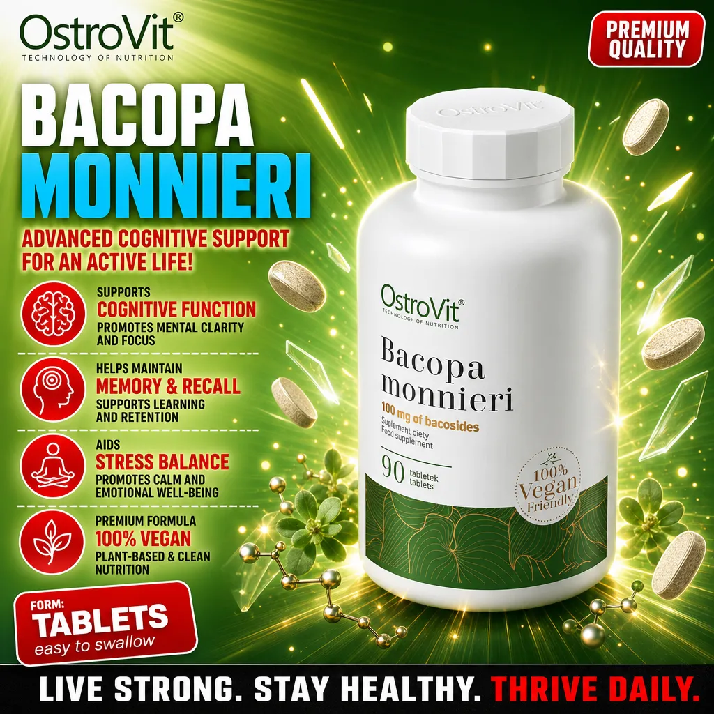 OstroVit Bacopa Monnieri 90 tablets, a vegan-friendly cognitive support supplement with 100 mg of bacosides per serving, designed to aid memory, recall, and stress balance.