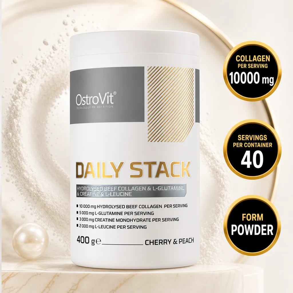 OstroVit Daily Stack 400g hydrolysed beef collagen powder supplement in cherry and peach flavour, with 40 servings