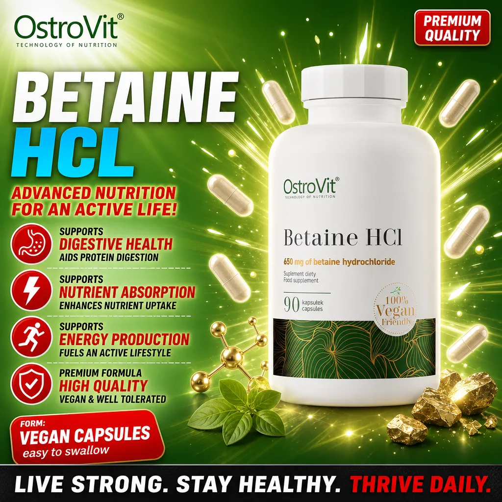 OstroVit Betaine HCL 90 vegan capsules, a dietary supplement with 650 mg betaine hydrochloride per capsule, 100% vegan friendly, in a white bottle with green and gold accents.