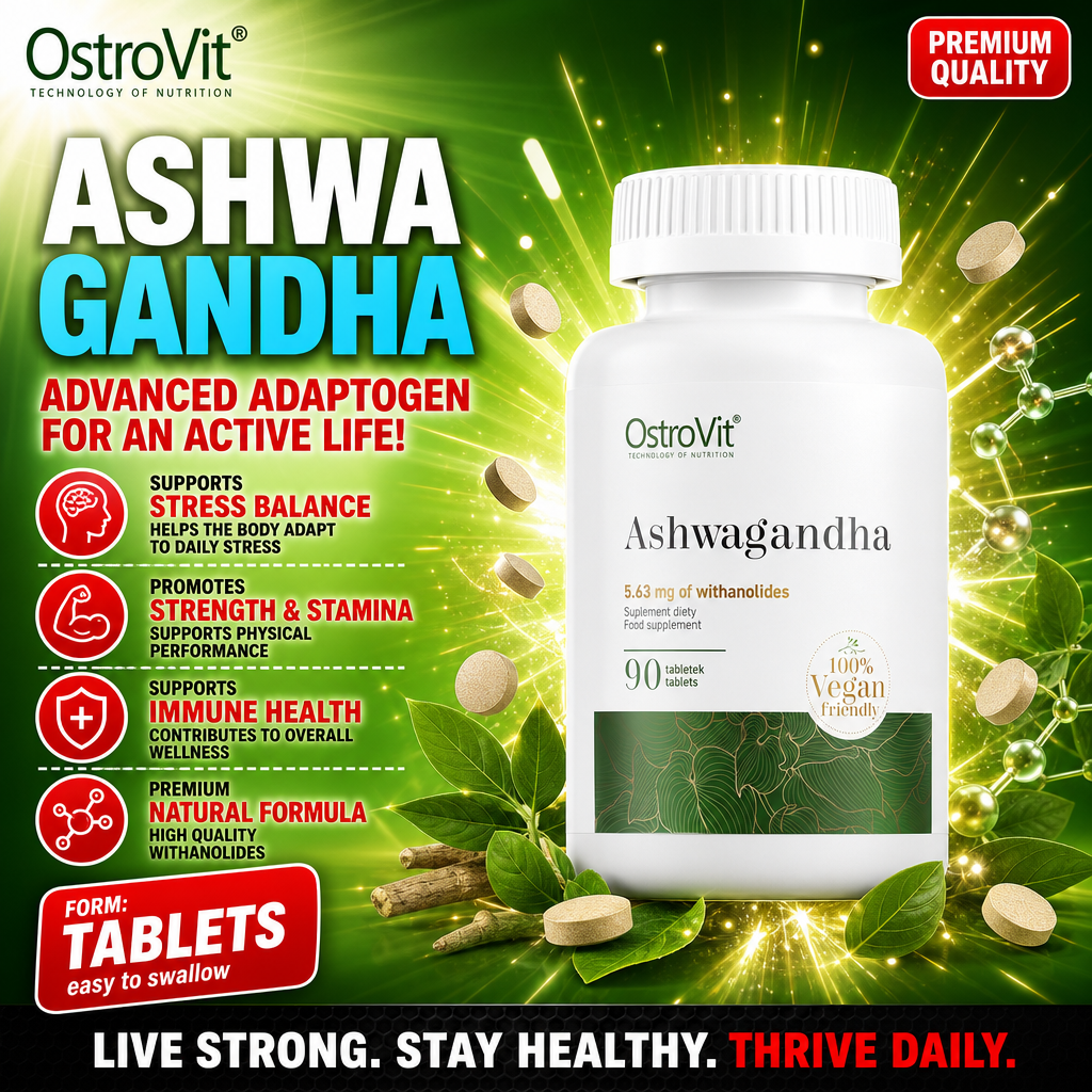 OstroVit Ashwagandha 90 tablets vegan-friendly adaptogen supplement with 5.63 mg withanolides, designed to support stress balance, strength, stamina, and immune health. The packaging is predominantly green and white.