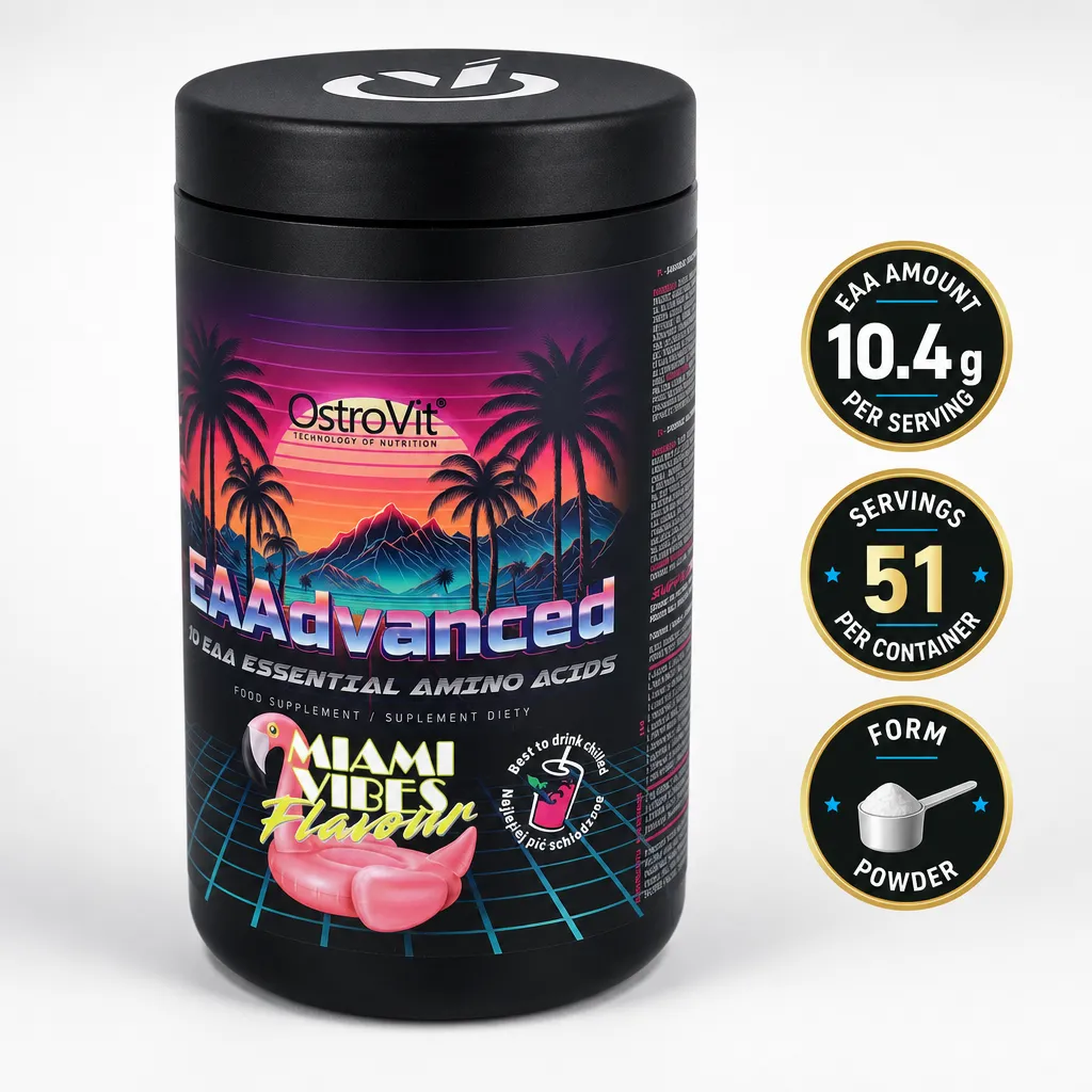 OstroVit EAAdvanced essential amino acid powder supplement, 540g, Miami Vibes flavour in a black tub