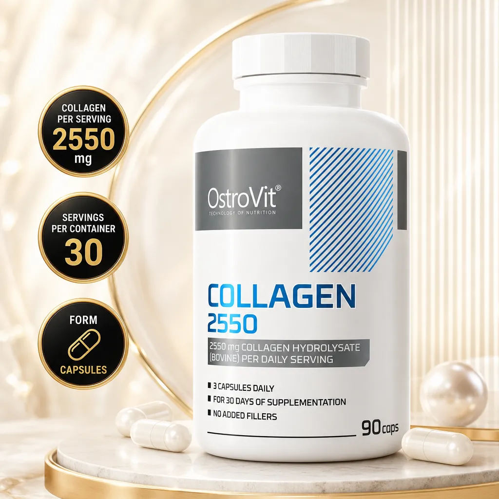 OstroVit Collagen 2550 90 Caps bovine collagen hydrolysate supplement in white capsule bottle, 90 capsules
