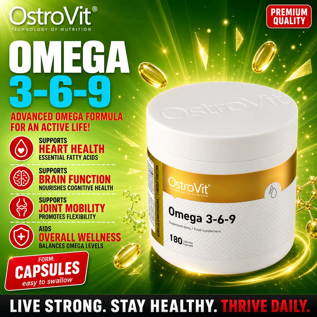 OstroVit Omega 3-6-9 180 capsules dietary supplement, advanced omega formula for heart, brain, and joint health, in a white and gold container with green background.