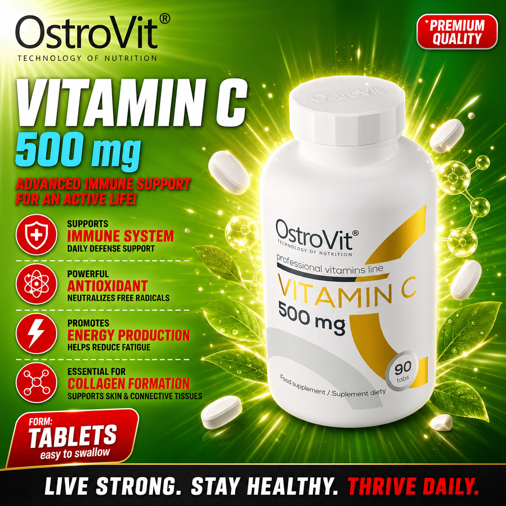 OstroVit Vitamin C 500mg 90 tabs, a vitamin C dietary supplement in tablet form for immune support, antioxidant benefits, and collagen formation, with a white bottle and green background.