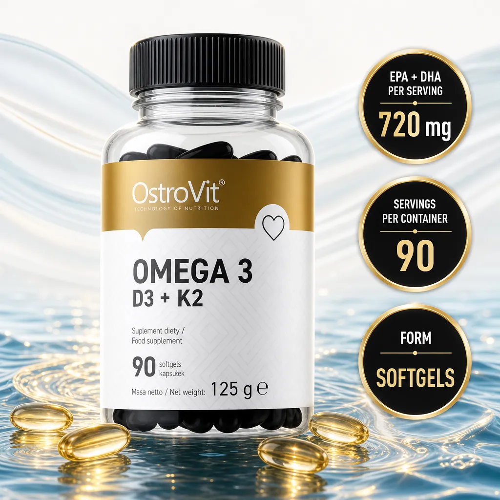 OstroVit Omega 3 D3 + K2 dietary supplement with 90 black softgels, featuring omega-3 fish oil and vitamins D3 and K2